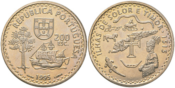 Португалия 200 эскудо 1995 480 лет островам Солор и Тимор KM 683 медно-никель UNC 74-711