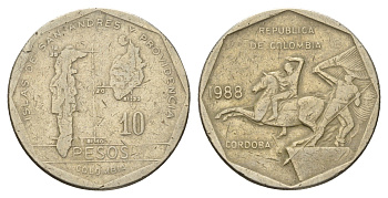 Колумбия 10 песо 1988 KM 270 медь цинк никель 4142-316