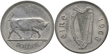 Ирландия 1 шиллинг 1968 бык KM 14а медно-никель 89-652