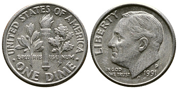 США 10 ЦЕНТОВ = 1 ДАЙМ 1991 P, РУЗВЕЛЬТ KM 195а медь плакированная медно-никелем 57-1245