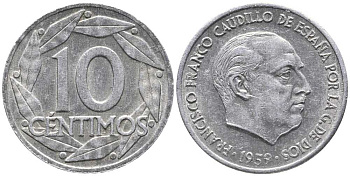 Испания 10 сентимо 1959 Франсиско Франко (1939-1975) KM 790 алюминий 105-1119
