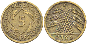 Германия 5 рейхспфеннигов 1925 A KM 39, J. 316, Weege 7 алюминиевая бронза 99-946