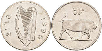 Ирландия 5 пенсов 1990 бык KM 22 медно-никель 4561-1212
