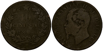 Италия 10 чентезимо 1866 Виктор Эмануил II (1861-1878) KM 11 медь 4168-945