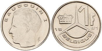Бельгия 1 франк 1991 Belgique, Бодуэн I (1951-1993) KM 170 железо плакированное никелем    4598-122