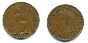 Великобритания 1 пенни 1939 Георг VI (1936-1952) KM 845, Spink 4114 бронза 540-636