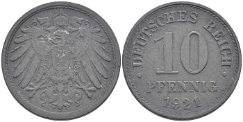 ГЕРМАНИЯ 10 ПФЕННИГОВ 1921 KM 26, J. 299 цинк 175-235