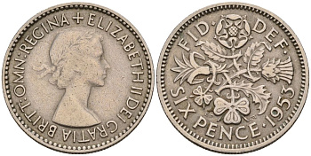Великобритания 6 пенсов 1953 Елизавета II (1952-2022) KM 889, Spink 4141 медно-никель 4154-233