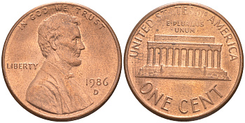 США 1 ЦЕНТ 1986 D KM 201b ЛИНКОЛЬН медь цинк UNC 187-719