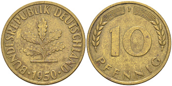 ФРГ 10 пфеннигов 1950 J KM 108, J. 383 сталь плакированная латунью 259-932