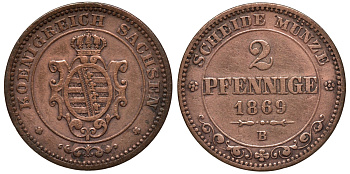 Саксония 2 пфеннига 1869 В, Иоганн (1854-1873) KM 1217, Jaeger 121, AKS 155 медь 75-161