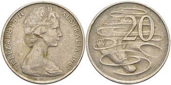 Австралия 20 центов 1967 Елизавета II (1952-2022), утконос KM 66 медно-никель 38-711