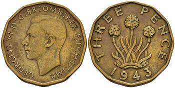 Великобритания 3 пенса 1943 Георг VI (1936-1952) KM 849, Spink 4112 никель латунь 4153-724