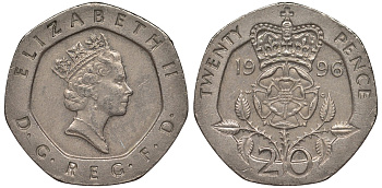 Великобритания 20 пенсов 1996 Елизавета II (1952-2022) KM 939, Spink 4361 (G2) медно-никель 4122-1127