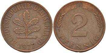 ФРГ 2 пфеннига 1977 J KM 106а, J.381а сталь плакированная медью  4598-836