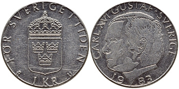 Швеция 1 крона 1983 Карл XVI Густав (1973- ) KM 852a медно-никель 4397-1123