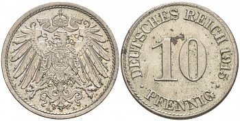 ГЕРМАНИЯ 10 ПФЕННИГОВ 1915 A J. 13, KM 12 медно-никель 73-1617