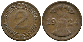 ГЕРМАНИЯ 2 РЕНТЕНПФЕННИГА 1924 F KM 31, J.307 бронза 86-1434