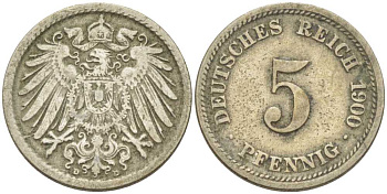 ГЕРМАНИЯ 5 ПФЕННИГОВ 1900 D KM 11, J. 12, Weege 6 медно-никель 206-925