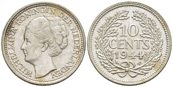 Нидерланды 10 центов 1944 Вильгельмина (1890-1948) KM 163 серебро aUNC 66-1265