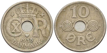 ДАНИЯ 10 ЭРЕ 1938 N ; GJ, КРИСТИАН X (1912-1947) KM 822.2 медно-никель 4383-128