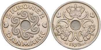 Дания 2 кроны 1992 KM 874 медно-никель 4177-531