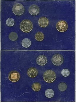 Австрия набор из 8 монет + жетон мондвора 1980 официальный набор, 2, 5, 10, 50 грошей, 1, 5, 10, 20 шиллингов, девять австрийских провинций, в пластике KM PS 40 PROOF 6-6-2-1