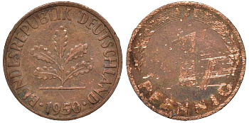 ФРГ 1 пфенниг 1950 F KM 105, J.380 сталь плакированная медью 4174-443