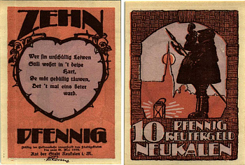 НОЙКАЛЕН 10 ПФЕННИГОВ 1922 НОТГЕЛЬД, 1922 - 31 МАЯ 1922, ЗЕМЛЯ МЕКЛЕНБУРГ-ПЕРЕДНЯЯ ПОМЕРАНИЯ Grabowski 949.1 бумага 7547-79-2-3