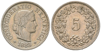 Швейцария 5 раппенов 1883 B KM 26 медно-никель 4189-1018