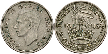 Великобритания 1 шиллинг 1948 Георг VI (1936-1952), Английский герб KM 863, Spink 4103 медно-никель 4150-734