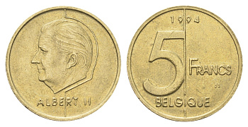 Бельгия 5 франков 1994 Belgique, Альберт II KM 189 алюминиевая бронза 4706-343
