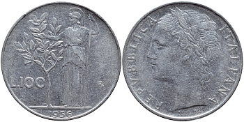 ИТАЛИЯ 100 ЛИР 1956 R, АФИНА KM 96.1 нержавеющая сталь 4394-543