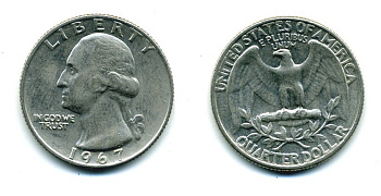 США 25 центов (квотер) 1967 Вашингтон KM 164a медь плакированная медно-никелем 46-1923