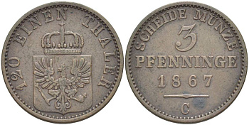 ПРУССИЯ 3 ПФЕННИГА 1867 C, ВИЛЬГЕЛЬМ I (1861-1888), ВЕС 4,41 ГР., МОНДВОР КЛЕВЕ KM 482, Jaeger 52, AKS 106, Olding 431. медь 31-1151