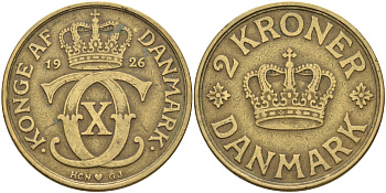 Дания 2 кроны 1926 HCN; GJ, Кристиан X (1912-1947) KM 825.1 алюминиевая бронза 4578-321