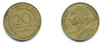 ФРАНЦИЯ 20 САНТИМОВ 1963 KM 930 медь алюминий никель 4364-125