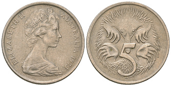 Австралия 5 центов 1973 Елизавета II (1952-2022), ехидна KM 64 медно-никель 4668-1162