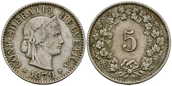 Швейцария 5 раппенов 1879 KM 26 медно-никель 4608-969