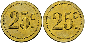 Франция 25†сантимов XIX-XX век ресторанный жетон латунь 4166-1124