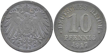 ГЕРМАНИЯ 10 ПФЕННИГОВ 1917 KM 26, J. 299 цинк 175-227