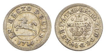 Брауншвейг-Каленберг-Ганновер 2 мариенгроша 1714 HCB, Георг I (1698-1727), из коллекции Ричарда Б. Смита Welter 2206 серебро 1525-932