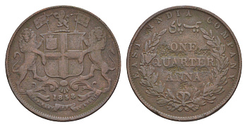 Британская Индия (Ост-Индская компания) 1/4 анны 1858 Виктория (1837-1901) KM 463 медь 4607-512