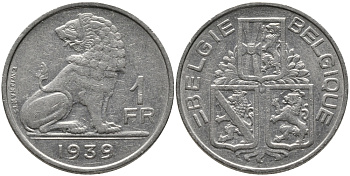 БЕЛЬГИЯ 1 ФРАНК 1939 BELGIE-BELGIQUE KM 120 никель 4384-925
