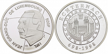 Люксембург 500 франков 1998 1300 лет коммуне Эхтернах KM 73 серебро PROOF 1081-5-54