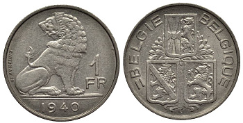 БЕЛЬГИЯ 1 ФРАНК 1940 BELGIE-BELGIQUE, ЛЕОПОЛЬД III (1934-1950) KM 120 никель 27-1012