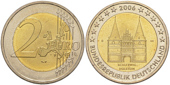 Германия 2 евро 2006 D, серия ФЕДЕРАЛЬНЫЕ ЗЕМЛИ, ШЛЕЗВИГ-ГОЛЬШТЕЙН, ГОЛШТИНСКИЕ ВОРОТА В ЛЮБЕКЕ KM 253 биметалл UNC 4111-732