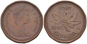 Канада 1 цент 1985 Елизавета II (1952-2022), кленовый лист KM 132 бронза 54-1046