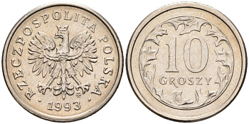 Польша 10 грошей 1993 MW KM 279, Parchimowicz 704d медно-никель 4580-633