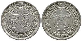 Германия 50 рейхспфеннигов 1927 A KM 49, J. 324 никель 4380-357